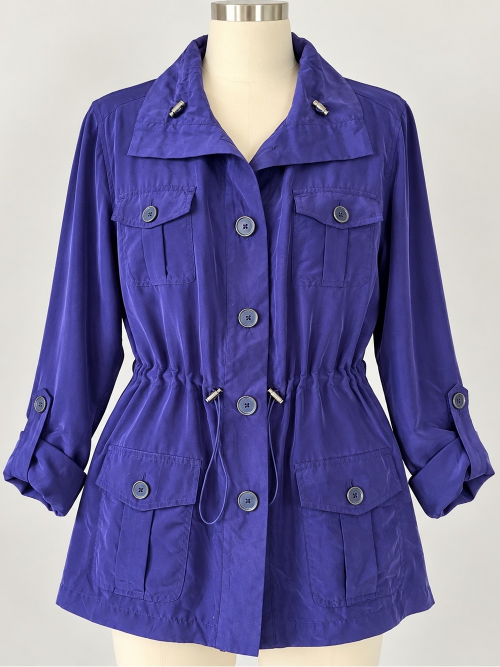 Chico’s purple 100% silk utility jacket size 2 lightweight drawstring